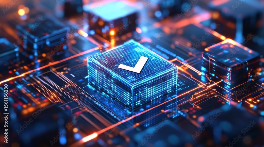 Poster Glowing check mark symbol on a cube in digital environment