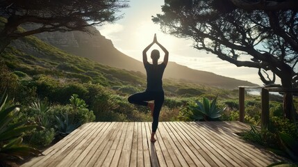 Person practicing yoga on a wooden deck overlooking a scenic landscape.
