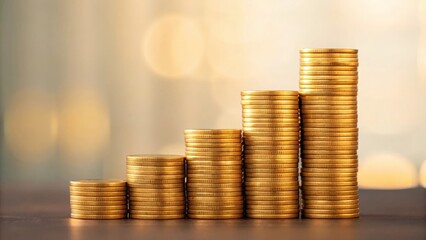 Blurred background with shining golden coins stacked high symbolizing wealth accumulation and financial efficiency
