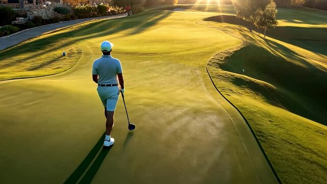 Person in white attire tees off at sunset golden light illuminating green golf course landscape