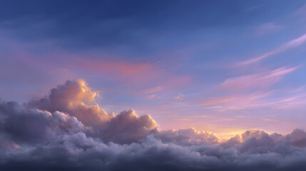 Heavenly Canvas: A breathtaking panorama unfolds, showcasing the sublime beauty of cumulus clouds painted with hues of rose, gold, and cerulean, capturing the grandeur of the sky.