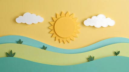 Papercraft Sun Clouds Green Yellow Hills Landscape