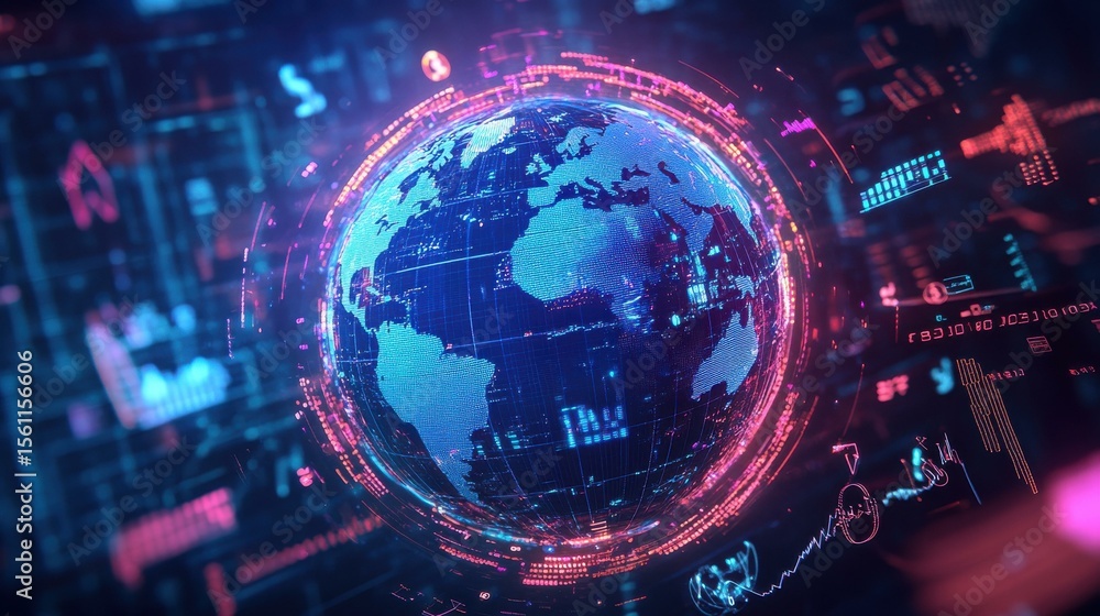 Poster digital globe with data visualizations on computer screen at night