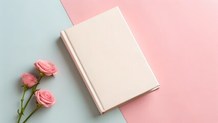Blank hardcover book lies on pastel blue and pink background, accompanied by delicate pink roses, creating a serene and inviting atmosphere for creative expression