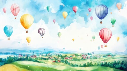 Obraz premium Colorful hot air balloons floating over rural countryside