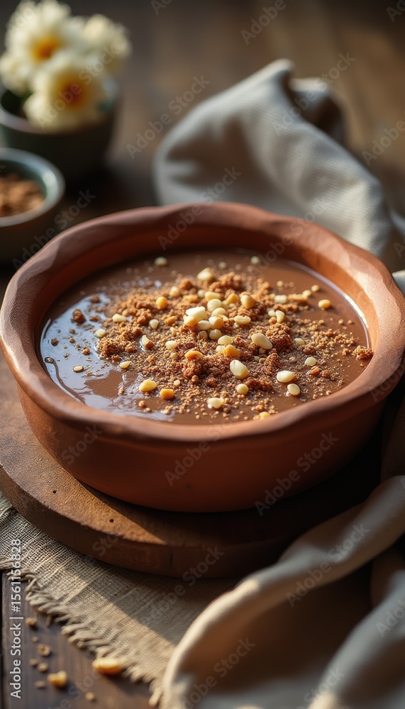 Poster Delicious chocolate dessert with nuts and crumbs on table