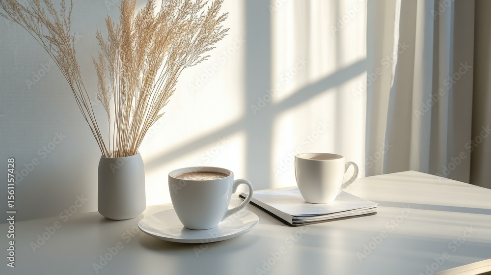 Poster Two coffee cups and a notebook in a serene indoor setting