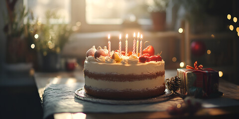 Festive Birthday Cake with Candles and Gift Boxes Celebration Scene

