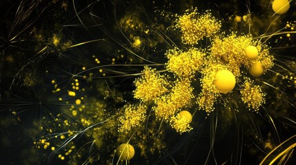 Abstract artwork featuring glowing yellow orbs and flowers