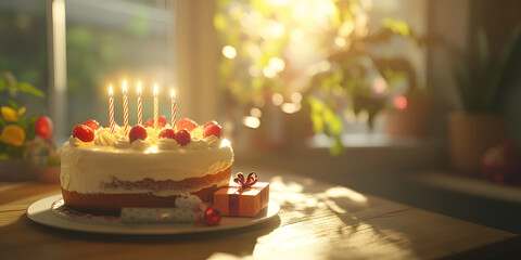 Festive Birthday Cake with Candles and Gift Boxes Celebration Scene

