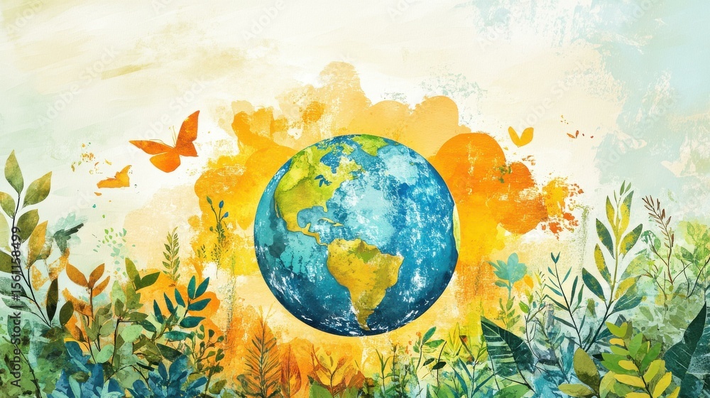 Poster Abstract globe surrounded by butterflies in serene nature setting