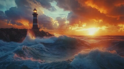 Fototapeta premium Dramatic sunset over lighthouse with crashing ocean waves