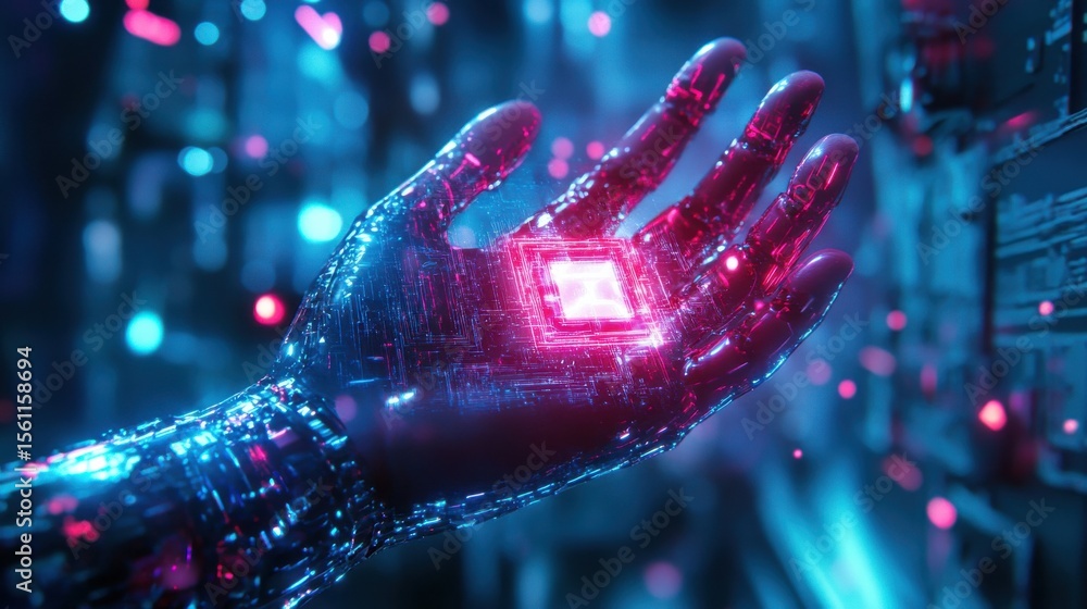 Poster Robotic hand holding glowing microchip in futuristic environment