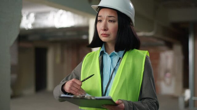 Nervous Asian Korean Japanese woman builder checking documents problem mistake building plan project businesswoman Chinese contractor business female girl architect in hard hat engineer construction