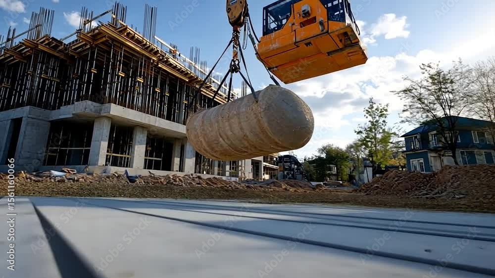 Poster construction site with a large object suspended by a crane against a blue sky. building frame and su
