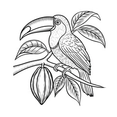 Toucan sitting on a branch with cocoa fruits vector illustration in sketch style. Hand drawn black and white drawing of exotic bird and plant for making chocolate. Retro engraving and line art for coc