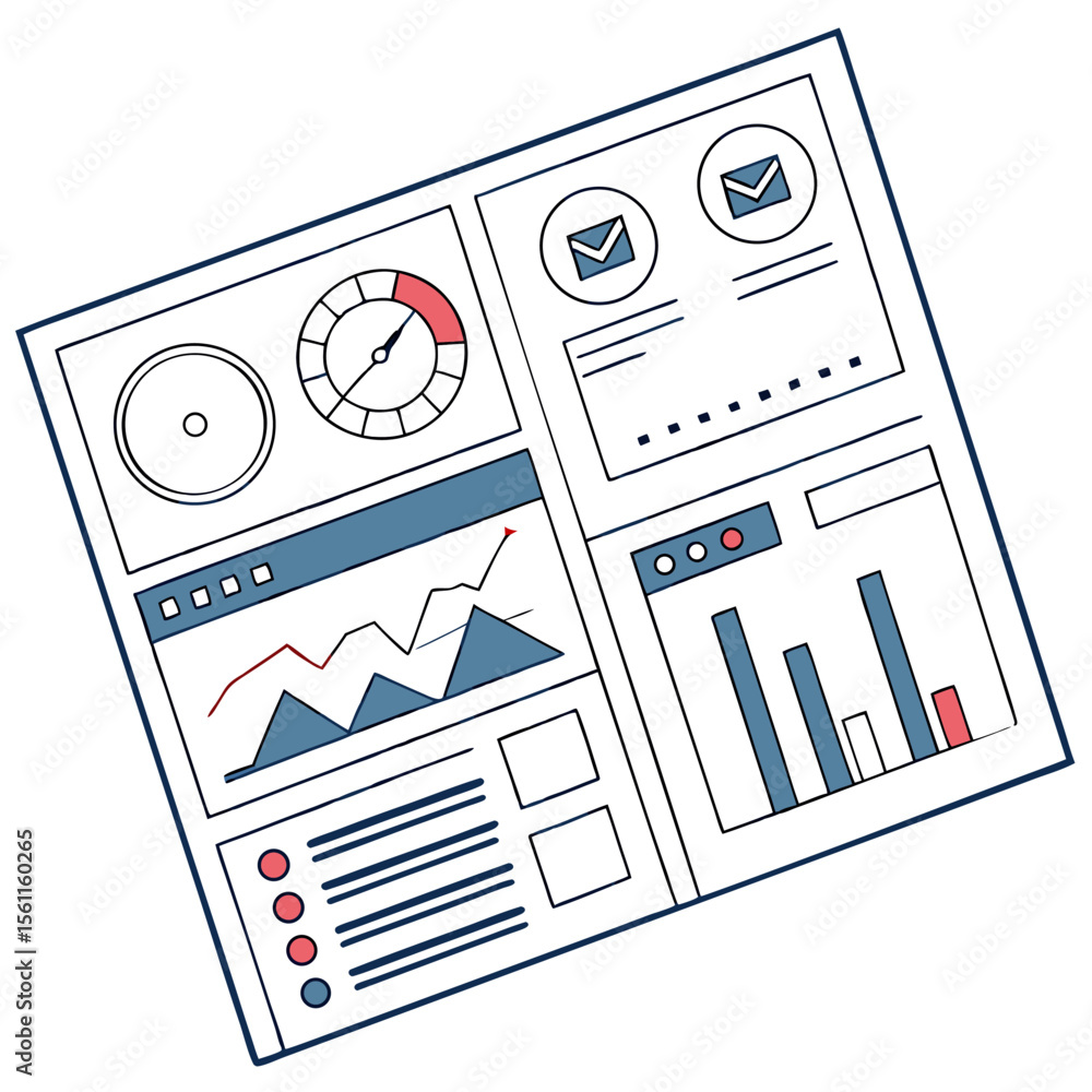 Poster illustration of a dashboard interface with charts, graphs, and gauges for data visualization and ana