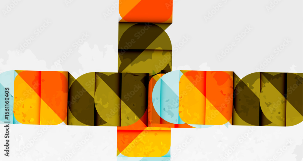 Poster abstract geometric shapes overlap, creating cross pattern. warm colors dominate, with light blue acc
