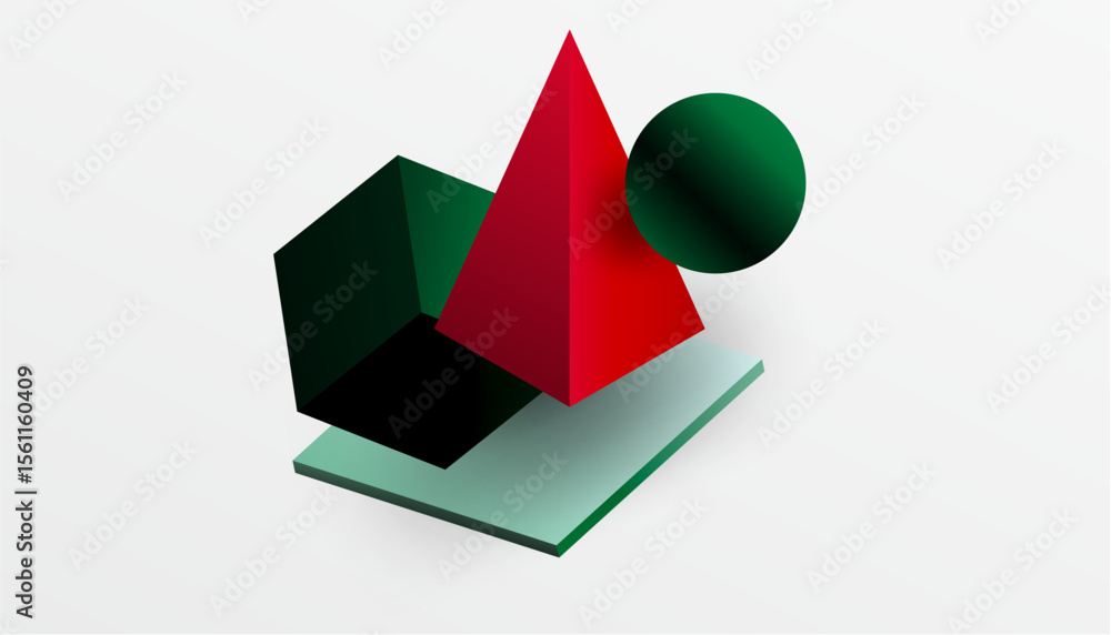 Poster geometric shapes overlap. red pyramid, green cube, sphere rest upon light teal plane. minimalist com