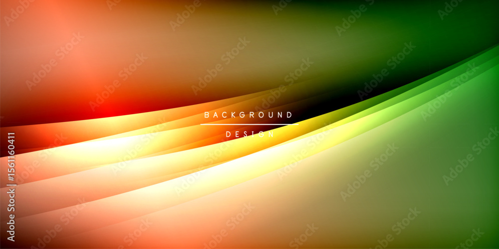 Poster abstract background features smooth curves, vibrant colors. orange, green hues blend into dark space