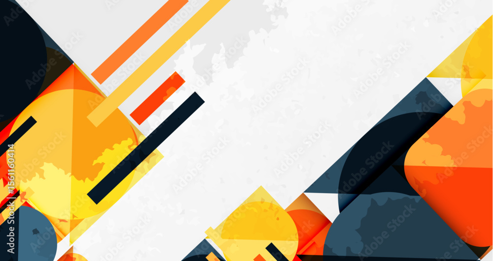 Poster Abstract geometric shapes, orange, yellow hues dominate. Diagonal lines create dynamic composition. Textured background adds visual interest.