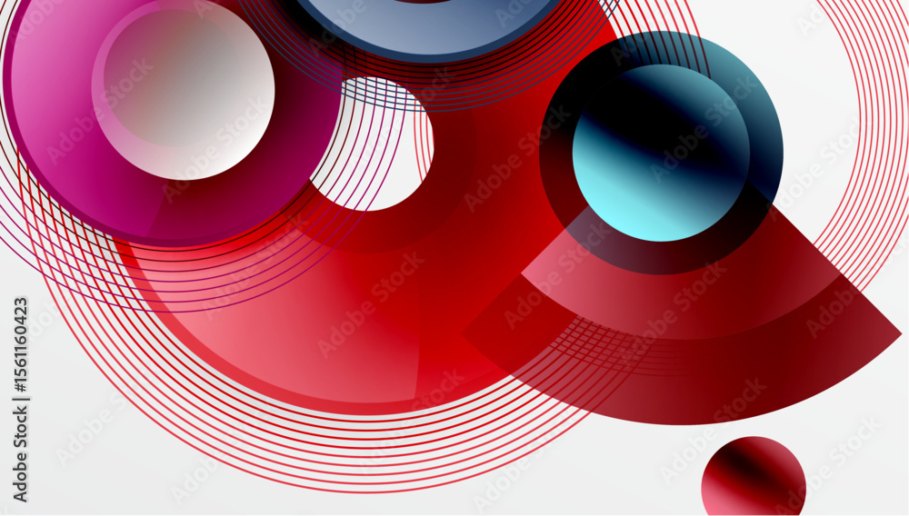 Poster Abstract composition. Overlapping circles, lines create dynamic visual effect. Red, blue, pink hues dominate design. Modern, minimalist style.