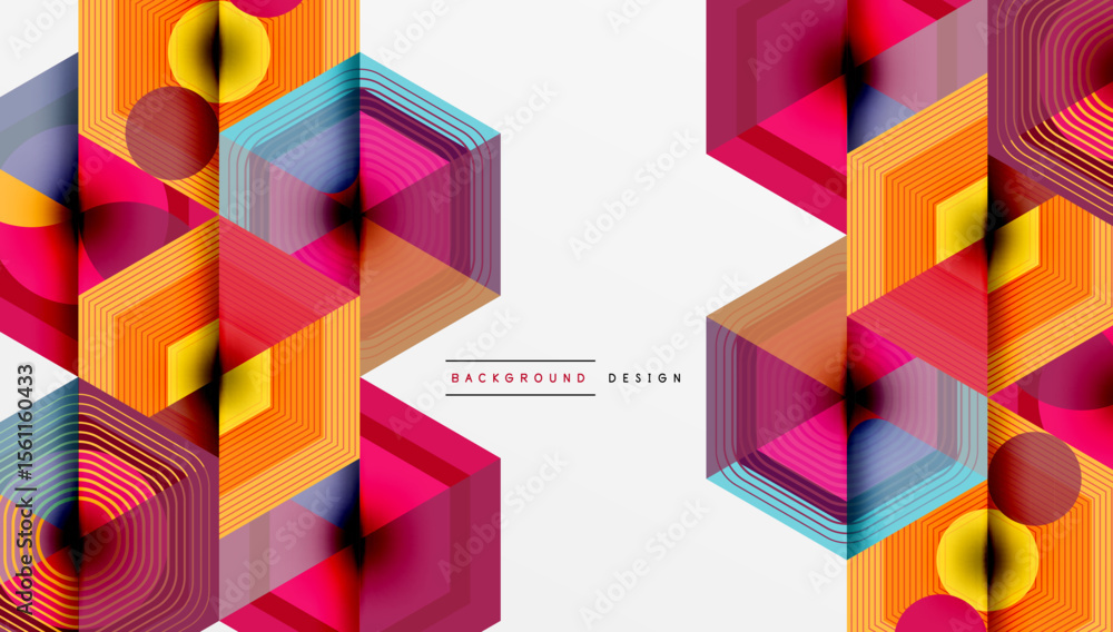Poster Abstract geometric design. Vibrant colors create layered hexagonal patterns. Modern aesthetic, suitable for backgrounds, presentations.