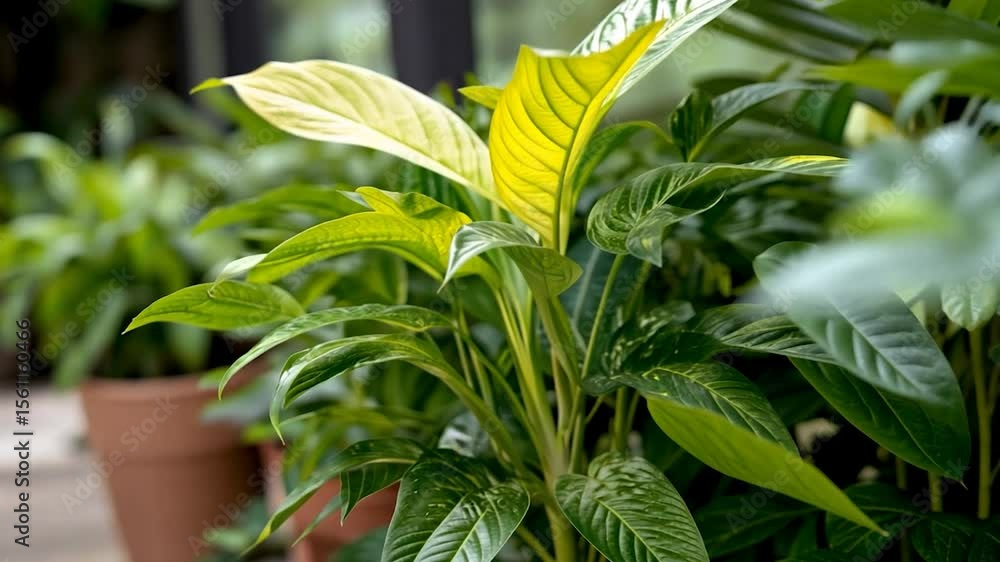 Poster close-up of lush green plants with yellow highlights in natural light and depth of field creating a 