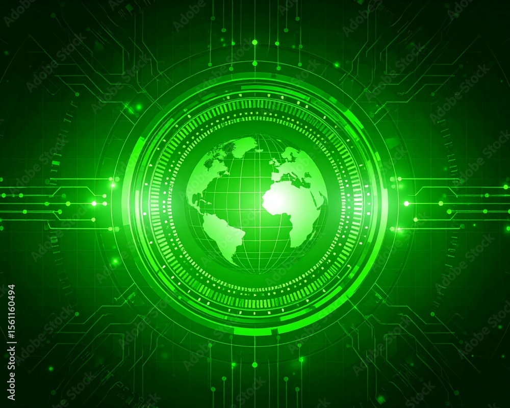 Poster high-tech digital earth interface — central globe with radiating green light and connected network n