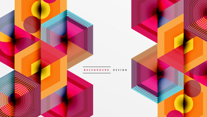 Abstract geometric design. Vibrant colors create layered hexagonal patterns. Modern aesthetic, suitable for backgrounds, presentations.