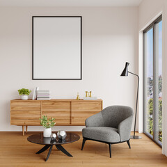 Vertical Frame on Wall Above Wooden Sideboard and Armchair in Bright Scandinavian Interior Scene