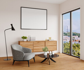 Horizontal Frame on Wall Above Wooden Sideboard and Grey Armchair in Bright Living Room Corner