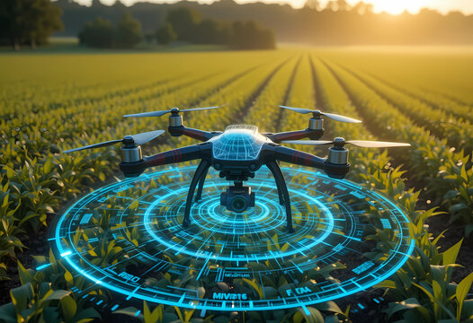 Drone hovering over a field with a blue holographic interface for agricultural monitoring and analysis