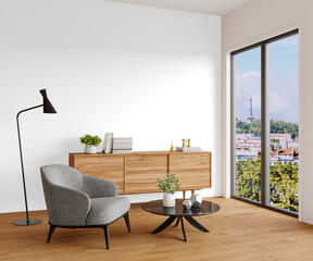Modern Armchair and Wooden Sideboard with Floor Lamp by Window Isolated with Transparent Background and Shadow - Living Room PNG Cutout – 3D render