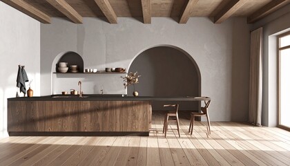 minimalist open kitchen design with natural textures
