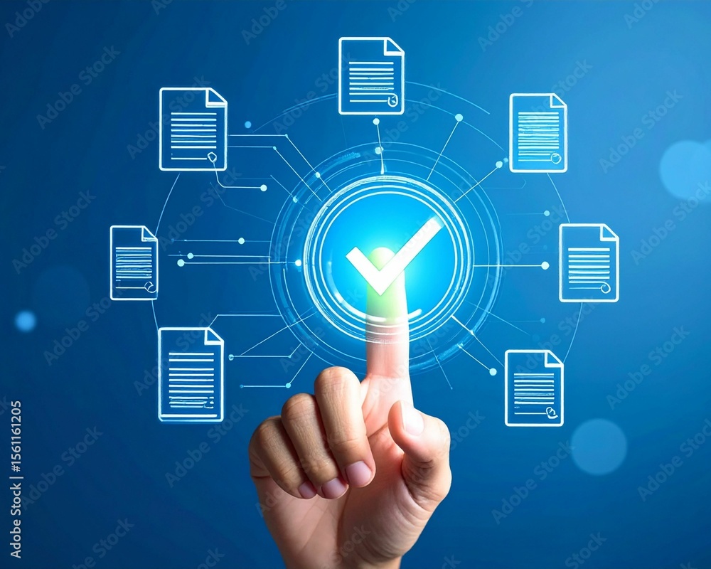 Poster user finger pressing green check on digital document interface, isolated on transparent background f
