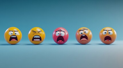 28.An assortment of 3D emojis featuring shocked, crying, and angry faces, each viewed from the front, side, and top angles, with realistic shadows and gradients.