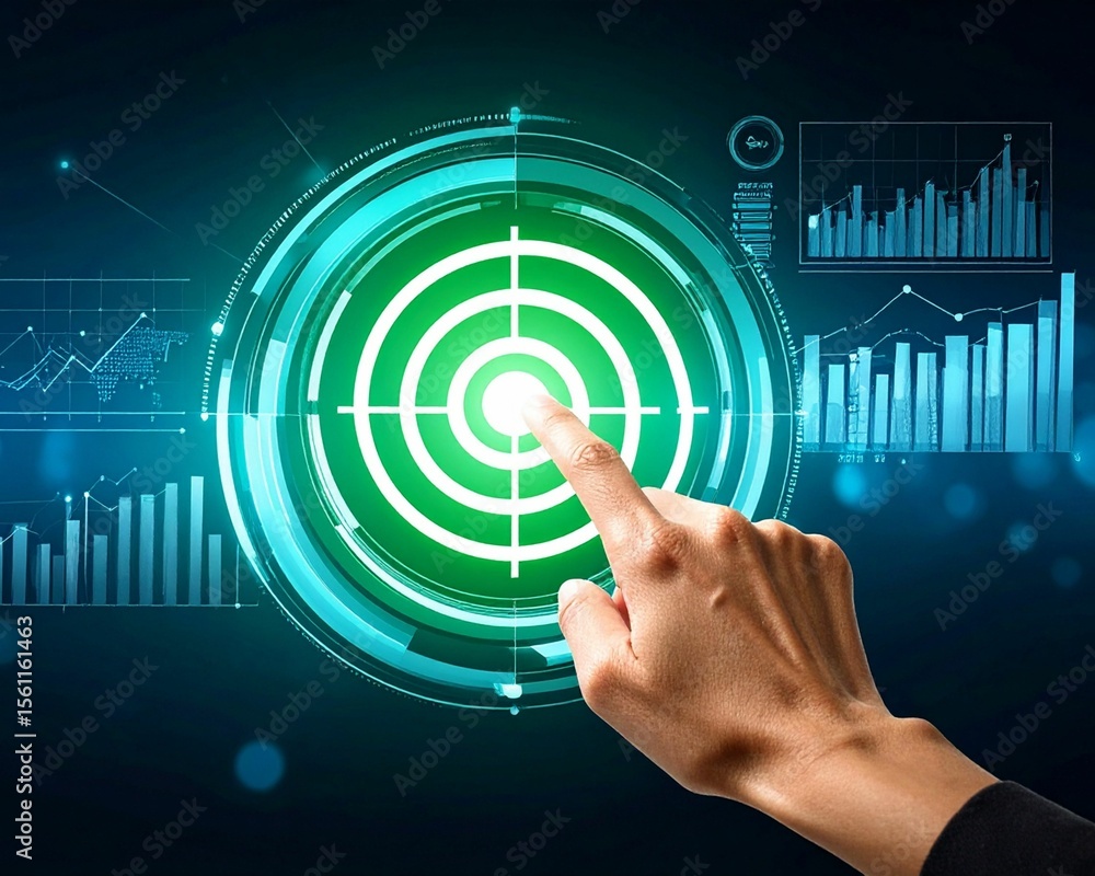 Poster user finger pressing green target icon on futuristic dashboard with circular charts and analytics, i
