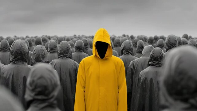 A person in a yellow raincoat stands out from the crowd, illustrating the idea of individuality and distinctiveness.