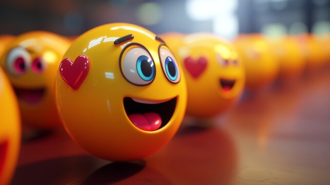30.Multiple 3D emoji models with diverse expressions like heart eyes, sweating, winking, and yawning, rendered in a detailed environment with dynamic lighting and perspective shifts. - Powered by Adobe