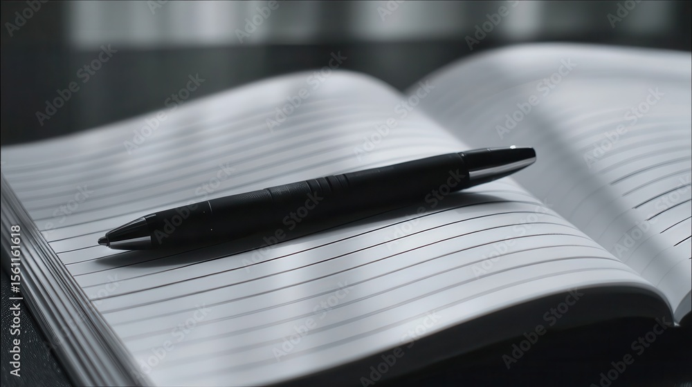 Poster blank lined notebook page with a pen resting on it.