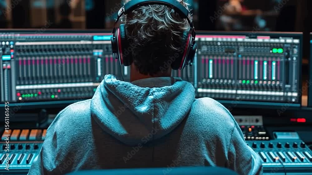 Poster rear view of a person wearing headphones in a recording studio environment operating audio equipment