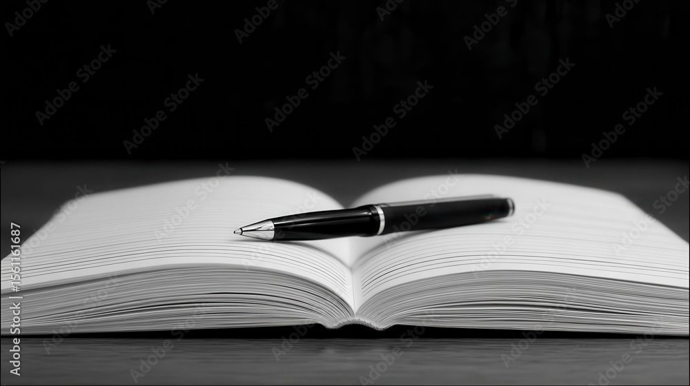 Poster a blank book with a pen resting on its open pages.