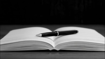 A blank book with a pen resting on its open pages.