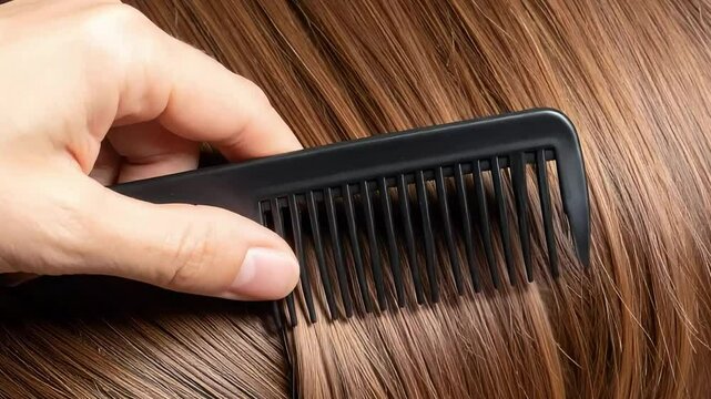 Close-up of a hand gently combing smooth, healthy brown hair with a black comb. Ideal for beauty routines, hair care, salon advertisements, and personal wellness content.