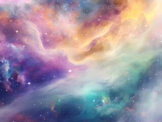 A dreamy cosmic mist drifts weightlessly, while starlight twinkles softly through layers of colored vapor.