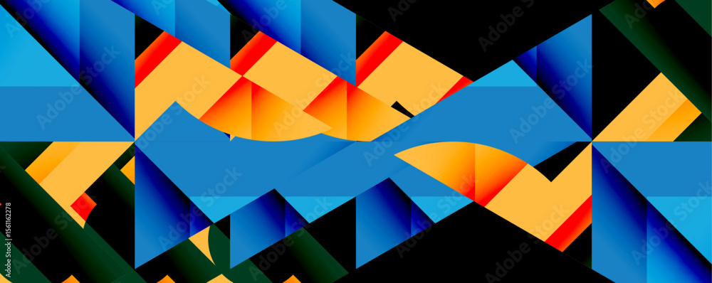 Poster Abstract geometric shapes, vibrant blues, oranges dominate. Sharp angles create dynamic visual flow. Modern design, digital art.
