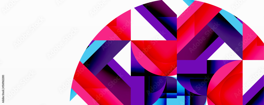 Poster Abstract geometric composition. Vivid colors blend, creating dynamic circular form against white background. Modern design elements present.