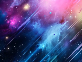 Shooting stars across layered nebulae, with abstract trails and glowing particle effects.