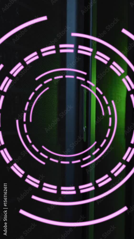 Poster animation of rotating pink circular scanner processing over dark server room